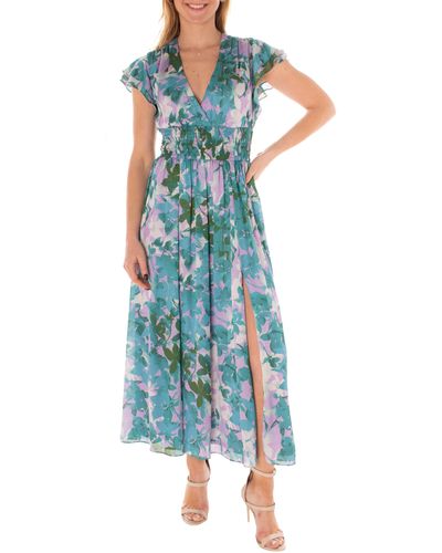 Taylor Dresses Flutter Sleeve Floral Maxi Dress - Blue