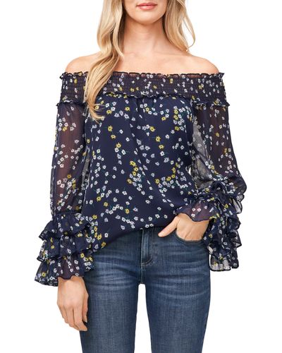 Cece Scattered Daisies Off The Shoulder Blouse - Blue