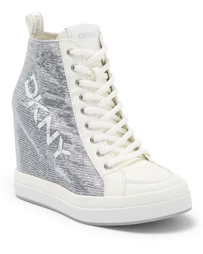 DKNY Sophie Wedge Sneaker In Sil/wht At Nordstrom Rack - White