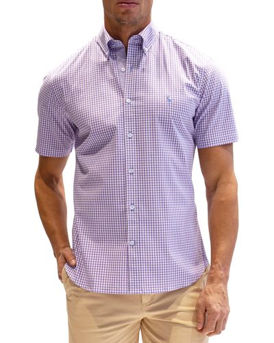 Tailorbyrd Gingham Short Sleeve Stretch Cotton Button-down Shirt - Purple