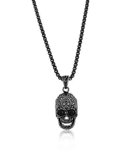 Black Jack Jewelry Stainless Steel Oxidized Skull Pendant Necklace - Black