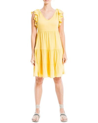 Max Studio Ruffle Cap Sleeve Tiered Jersey Babydoll Dress - Yellow