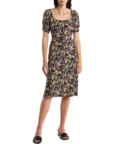 Connected Apparel Floral Print Ruched Sleeve Dress - Multicolor