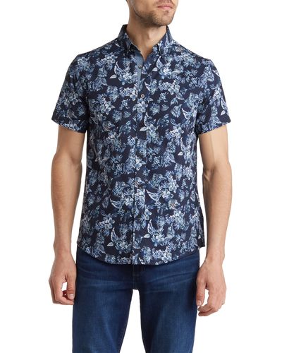 Report Collection Floral Short Sleeve Button-down Shirt - Blue