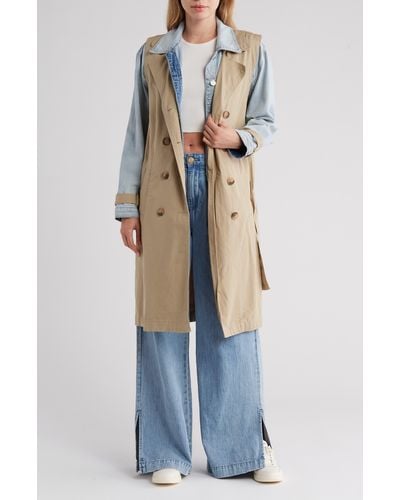 Blank NYC Double Breasted Twill Denim Trench Coat - Blue