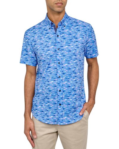 Con.struct Slim Fit Fish Four-way Stretch Performance Short Sleeve Button-down Shirt - Blue