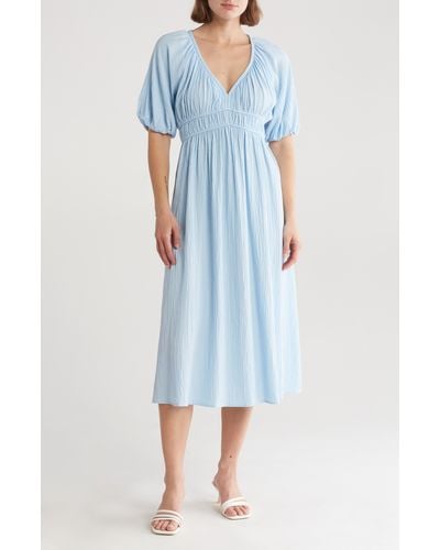 Calvin Klein Puff Sleeve Gauze Midi Dress - Blue