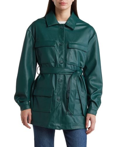 Vigoss Faux Leather Belted Jacket - Green