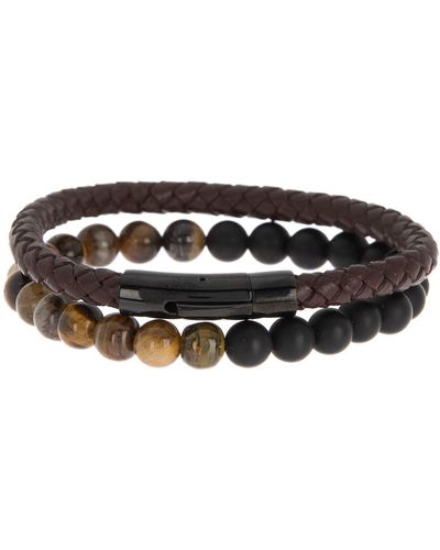 HMY Jewelry Set Of 2 Leather & Beaded Bracelets - Black
