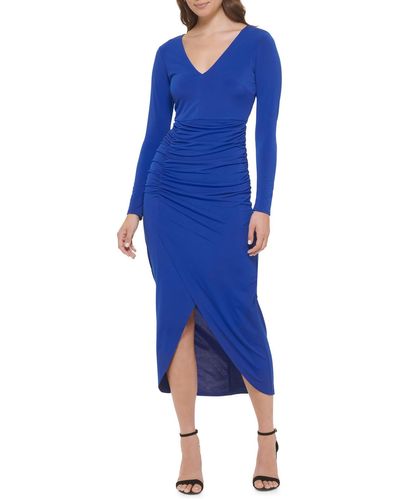 Guess V-neck Ruched Knit Tulip-hem Maxi Dress - Blue