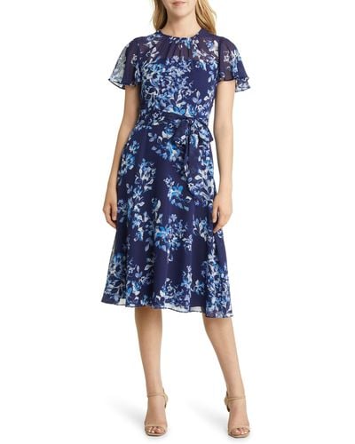Harper Rose Floral Print Flutter Sleeve Dress - Blue