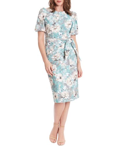 London Times Floral Puff Sleeve Sarong Minidress - Blue