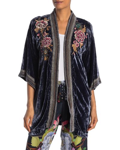 Johnny Was Quito Floral Peacock Embroidered Velvet Kimono - Blue