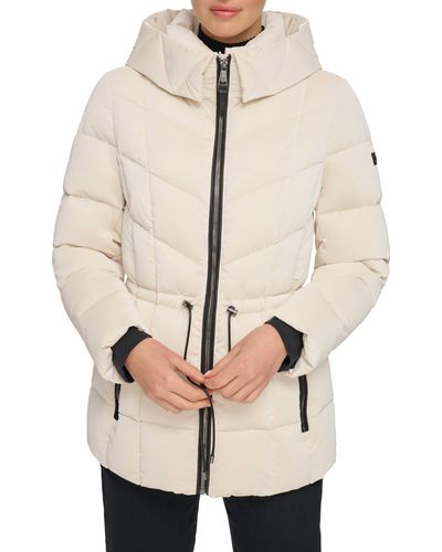 DKNY Cinched Waist Hooded Puffer Jacket - Natural