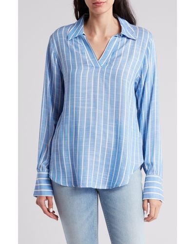 FOR THE REPUBLIC Stripe Notched Collar Shirt - Blue