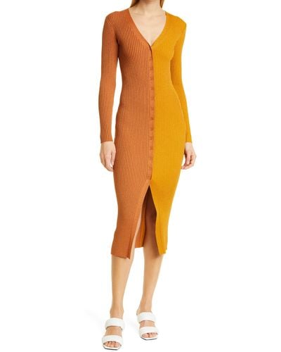 STAUD Shoko Long Sleeve Color Block Sweater Dress In Bronze/ochre At Nordstrom Rack - Orange