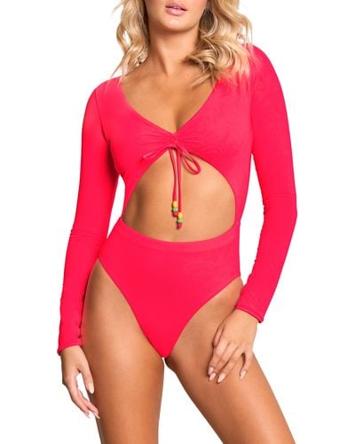 Maaji Cherry Rose Reversible Long Sleeve One-piece Swimsuit At Nordstrom - Red