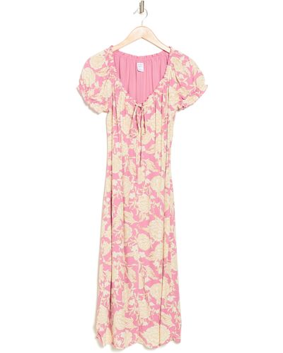 Melrose and Market Floral Tie Keyhole Puff Sleeve Midi Dress - Pink