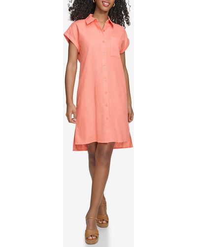 Calvin Klein Short Sleeve Linen Blend Shirtdress - Pink