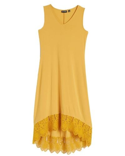 Nina Leonard V-neck Sleeveless Lace Hem High/low Dress - Yellow