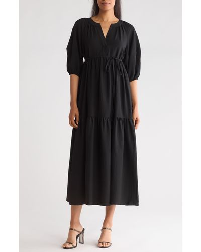 Calvin Klein Gauze Puff Sleeve Maxi Dress - Black