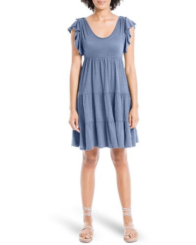Max Studio Ruffle Cap Sleeve Tiered Jersey Babydoll Dress - Blue