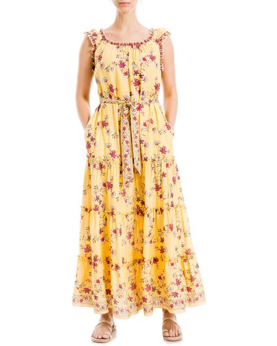 Max Studio Floral Cap Sleeve Tiered Maxi Dress - Yellow