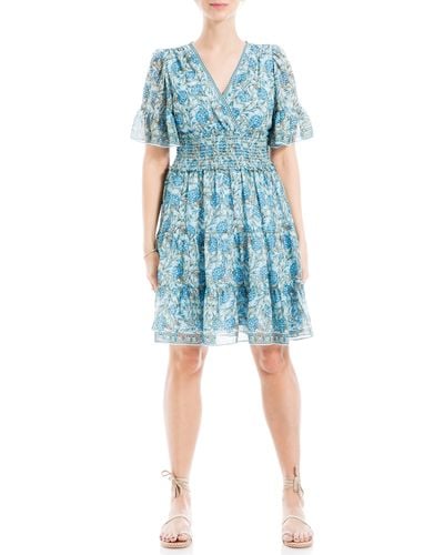 Max Studio Georgette Ditsy Floral Print Tiered Dress - Blue