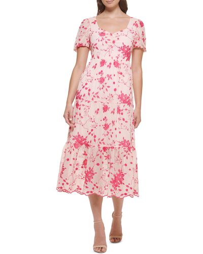 Kensie Floral Embroidered Puff Sleeve Chiffon Midi Dress - Pink