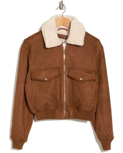 Blank NYC Faux Shearling Collar Faux Suede Crop Bomber Jacket - Brown