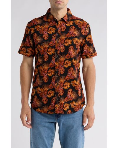 Buffalo David Bitton Siman Tropical Floral Print Short Sleeve Button-up Shirt - Red
