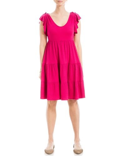 Max Studio Ruffle Cap Sleeve Tiered Jersey Babydoll Dress - Pink