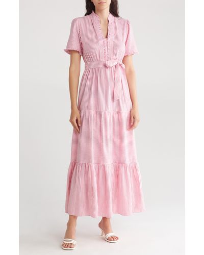 London Times Stripe Tiered Cotton Maxi Dress - Pink