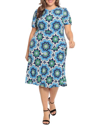 Donna Morgan Jewel Neck Floral Midi Dress - Blue