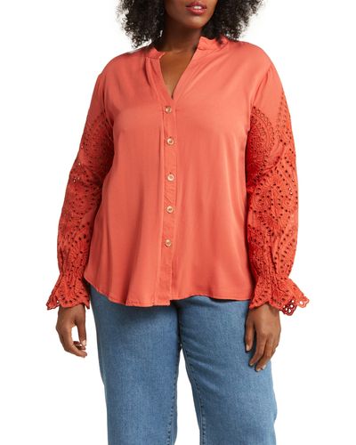 Forgotten Grace Embroidered Eyelet Long Sleeve Button-up Shirt - Orange