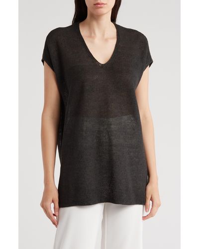 Eileen Fisher Short Sleeve V-neck Organic Linen Sweater - Black