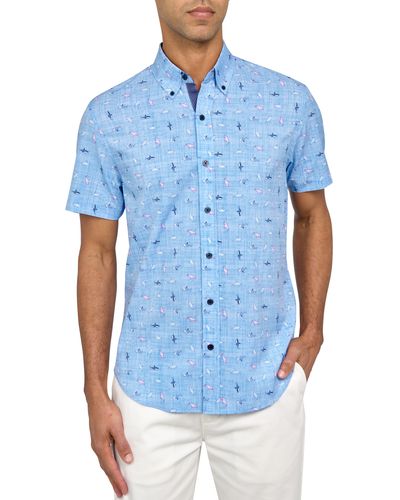 Con.struct Slim Fit Whale Four-way Stretch Performance Short Sleeve Button-down Shirt - Blue