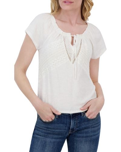 Lucky Brand Lace Trim Short Sleeve Peasant Top - White