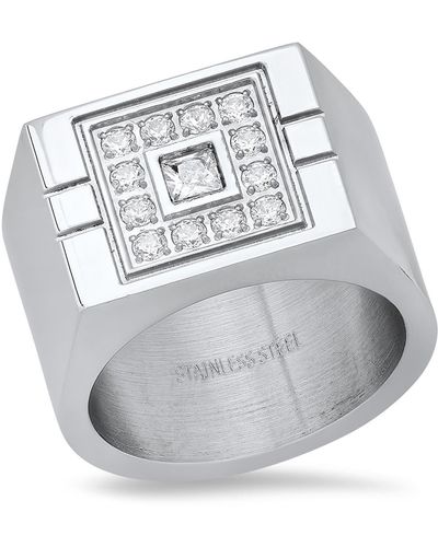 HMY Jewelry Stainless Steel Simulated Diamond Signet Statement Ring - Gray