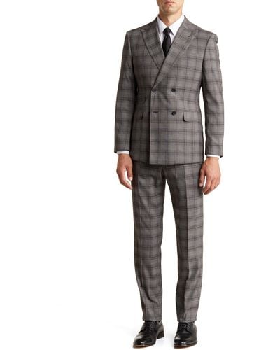 English Laundry Plaid Double Breasted Peak Lapel Suit - Gray