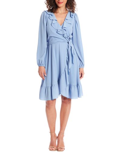 London Times Catalina Long Sleeve Ruffle Wrap Dress - Blue