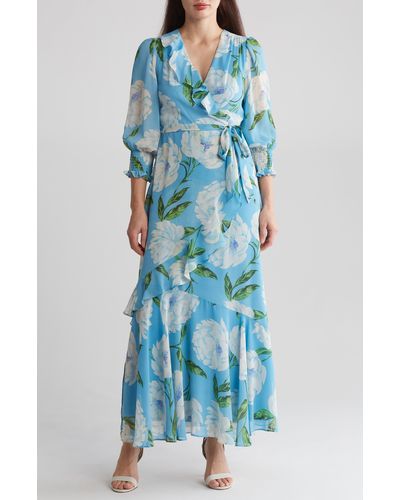 Taylor Dresses Floral Long Sleeve Faux Wrap Maxi Dress - Blue