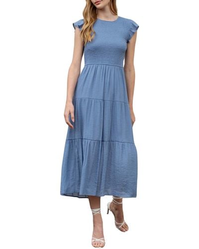 Blu Pepper Flutter Sleeve Smocked Tiered Midi Dress - Blue