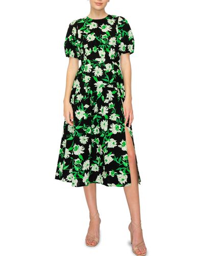 MELLODAY Tropical Print Puff Sleeve Midi Dress - Green