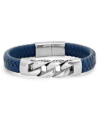 HMY Jewelry Stainless Steel Link Blue Braided Leather Bracelet