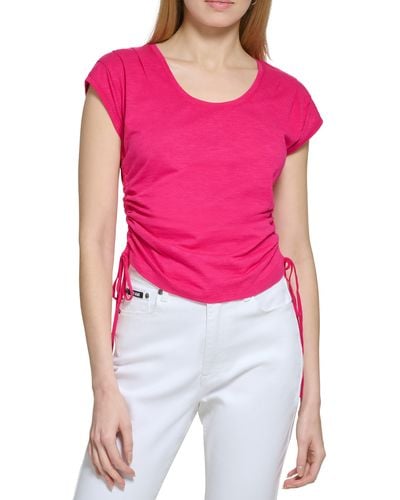 DKNY Cap Sleeve Ruched Tie T-shirt - Red