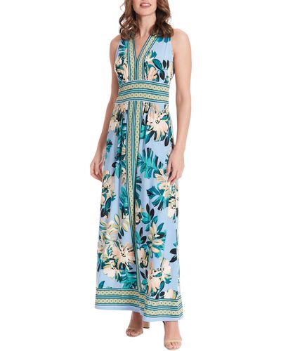 London Times Floral V-neck Sleeveless Maxi Dress - Blue