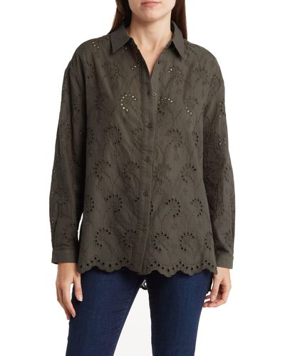 Adrianna Papell Eyelet Button-up Shirt - Black