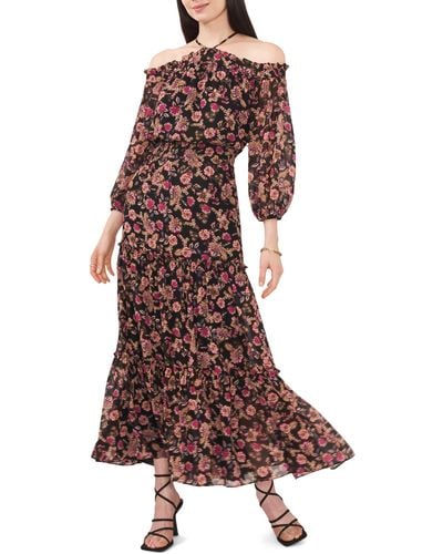 Halogen® Floral Smocked Tiered Long Sleeve Maxi Dress - Brown