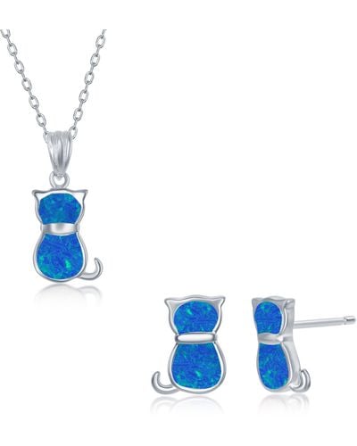 Simona Blue Inlaid Opal Cat Necklace & Earrings Set